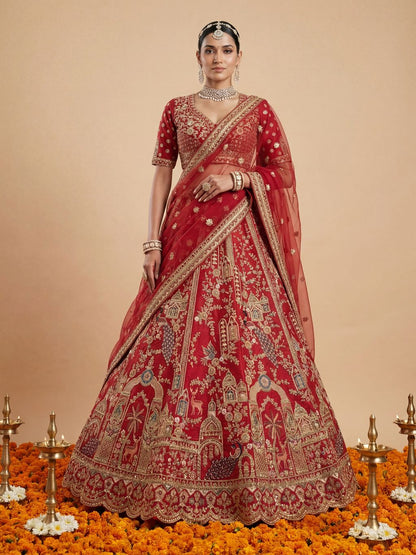 Red Pure Soft Silk Heavy Embroidery Work Bridal Lehenga 