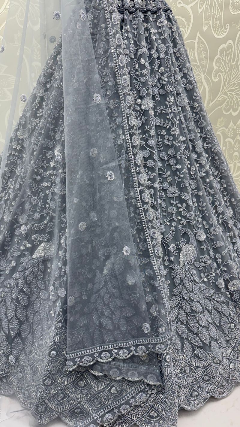 Grey Pure Heavy Net Monochrome Sequins Zari Embroidery Work Net Bridal Lehenga Choli