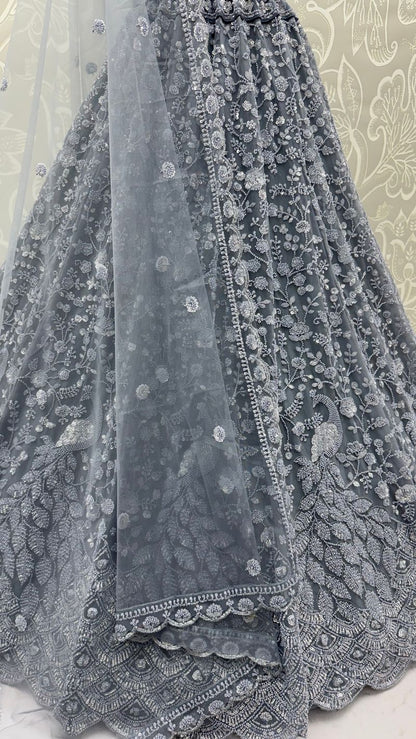Grey Pure Heavy Net Monochrome Sequins Zari Embroidery Work Net Bridal Lehenga Choli