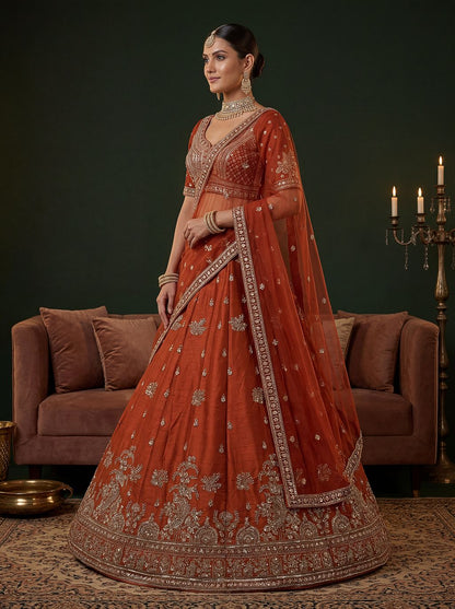 Orange Pure Soft Gadwal Silk Heavy Embroidery Work Bridal Lehenga Choli 