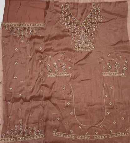 Pink Pure Chandnia Silk Handwork Motif Peacock Pattern Crystal Beads Multi Thread Dori &amp; Sequins Work Bridal Lehenga Choli