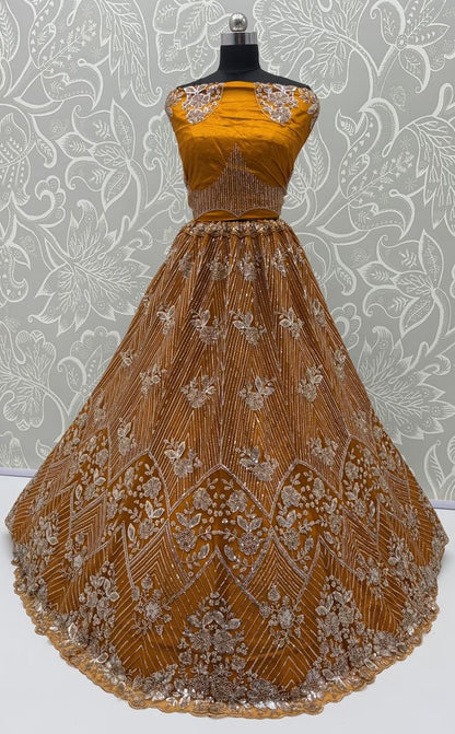 Yellow Pure Heavy Net Motif Handwork Zari Sequins Work Bridal Lehenga Choli