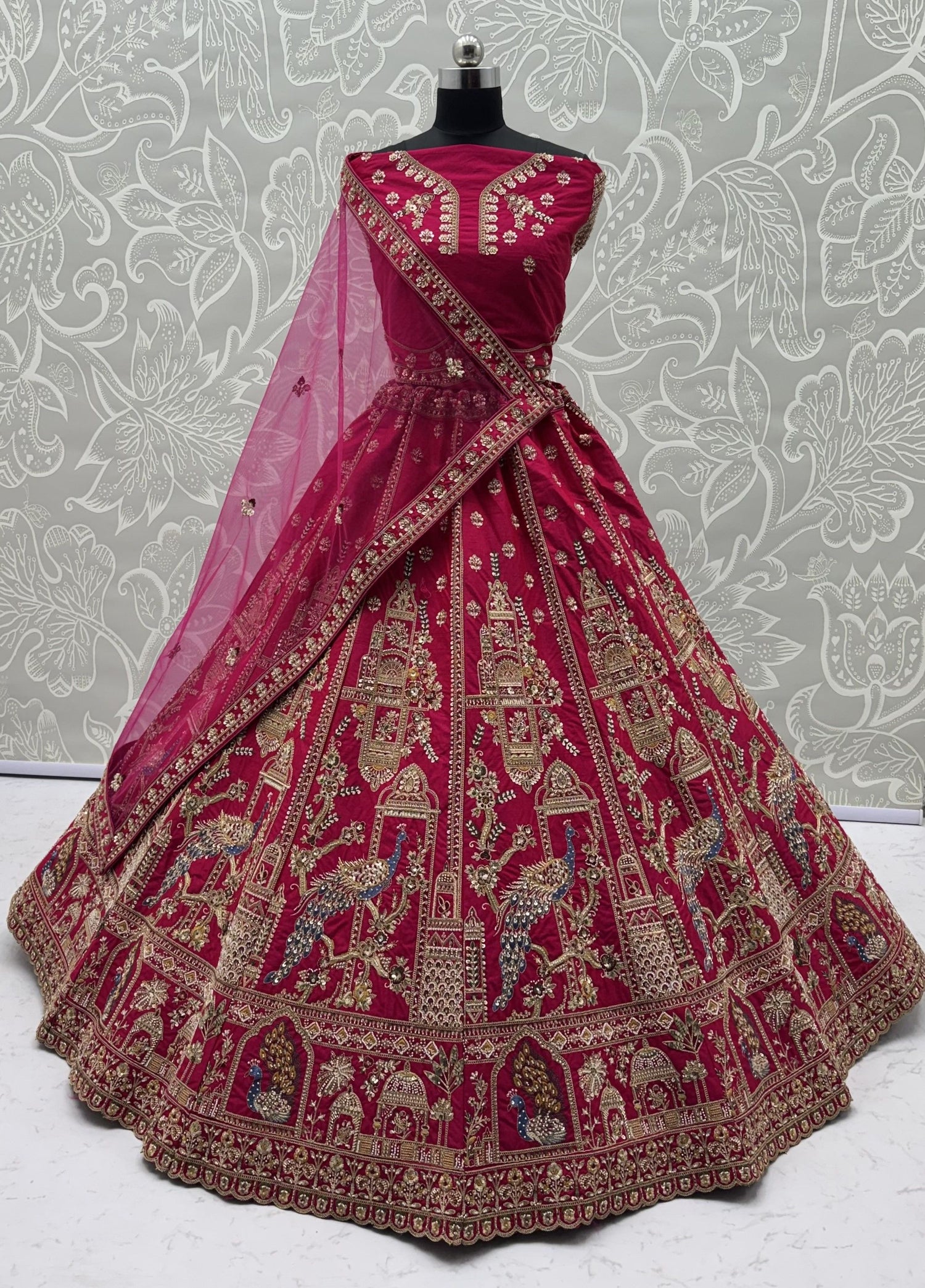 Rani Pink Pure Gadhwal Silk Khatali Handwork Sequins &amp; Crystal Bridal Lehenga Choli