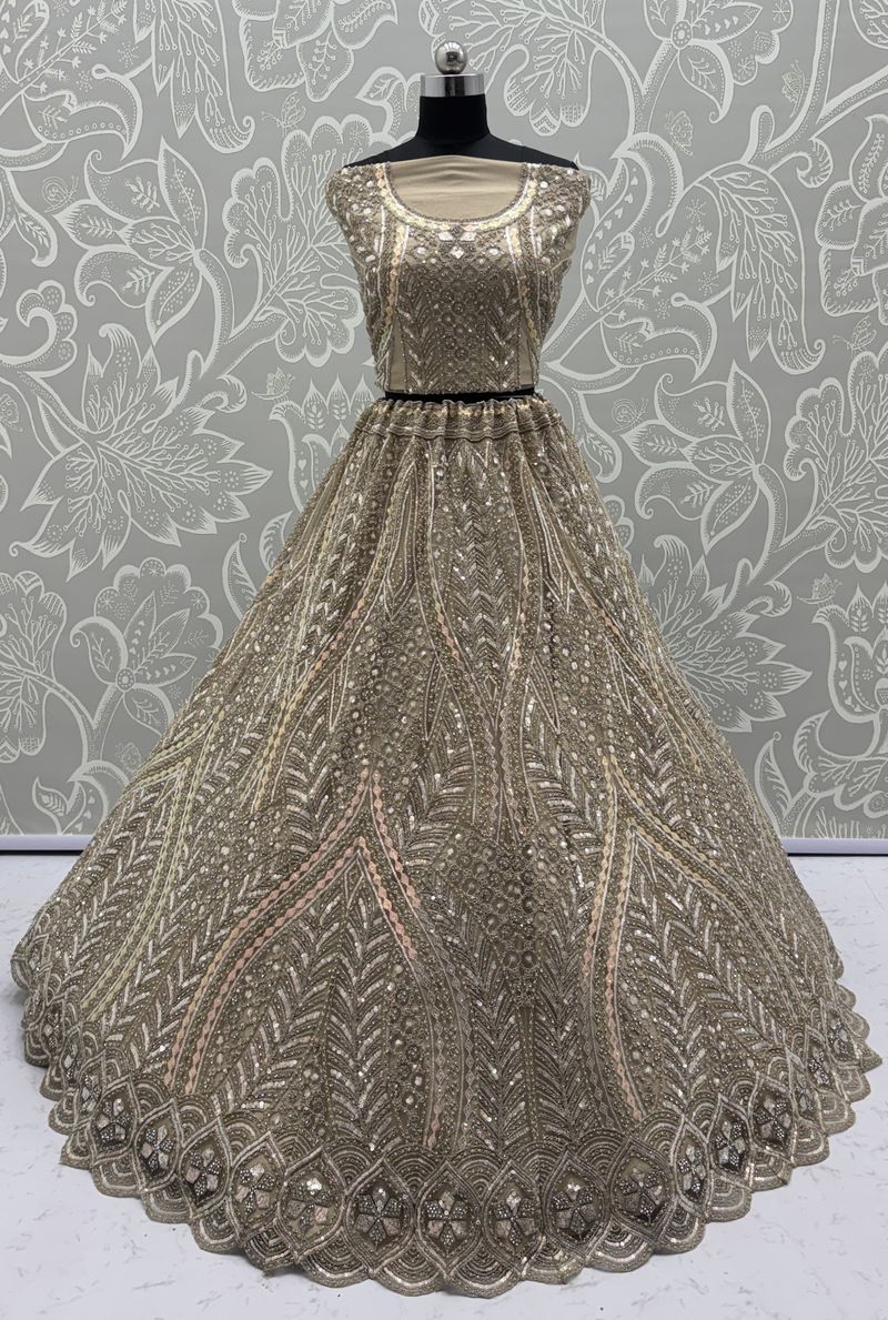 Golden Pure Soft Heavy net Silk Heavy Embroidery Work Bridal Lehenga