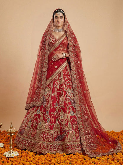 Red Pure Soft Silk Heavy Embroidery Work Bridal Lehenga 