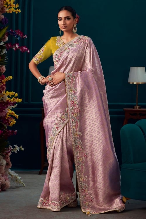 Beautiful Designer Dusty Pink Banarasi Kanjivaram Wedding Saree