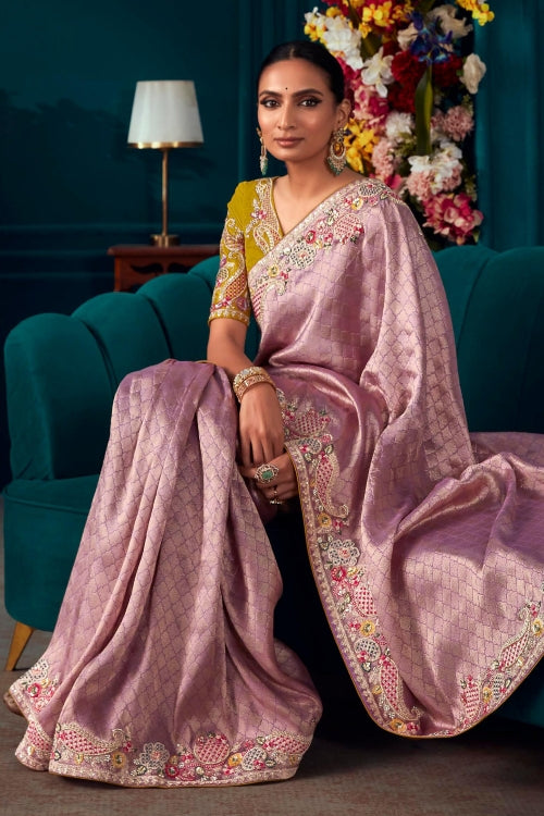 Beautiful Designer Dusty Pink Banarasi Kanjivaram Wedding Saree