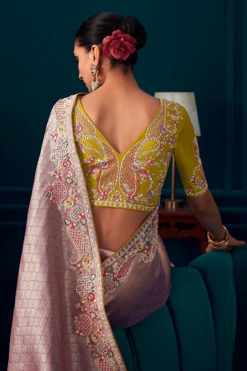 Beautiful Designer Dusty Pink Banarasi Kanjivaram Wedding Saree