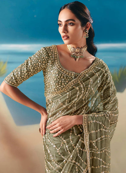 Light Olive Fancy Satin Organza Silk Zari Embroidered Sequins With Bridal Saree 