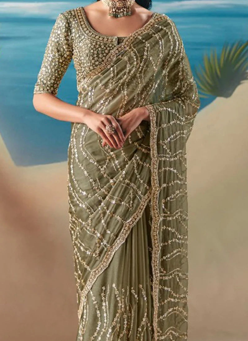 Light Olive Fancy Satin Organza Silk Zari Embroidered Sequins With Bridal Saree