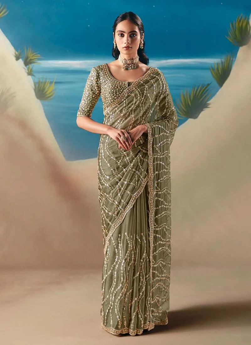 Light Olive Fancy Satin Organza Silk Zari Embroidered Sequins With Bridal Saree
