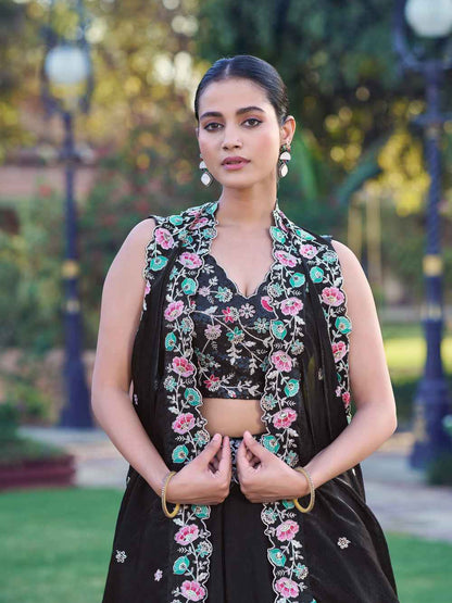Black Pure Frendy Silk Sequins and Thread Embroidery Work Lehenga Choli