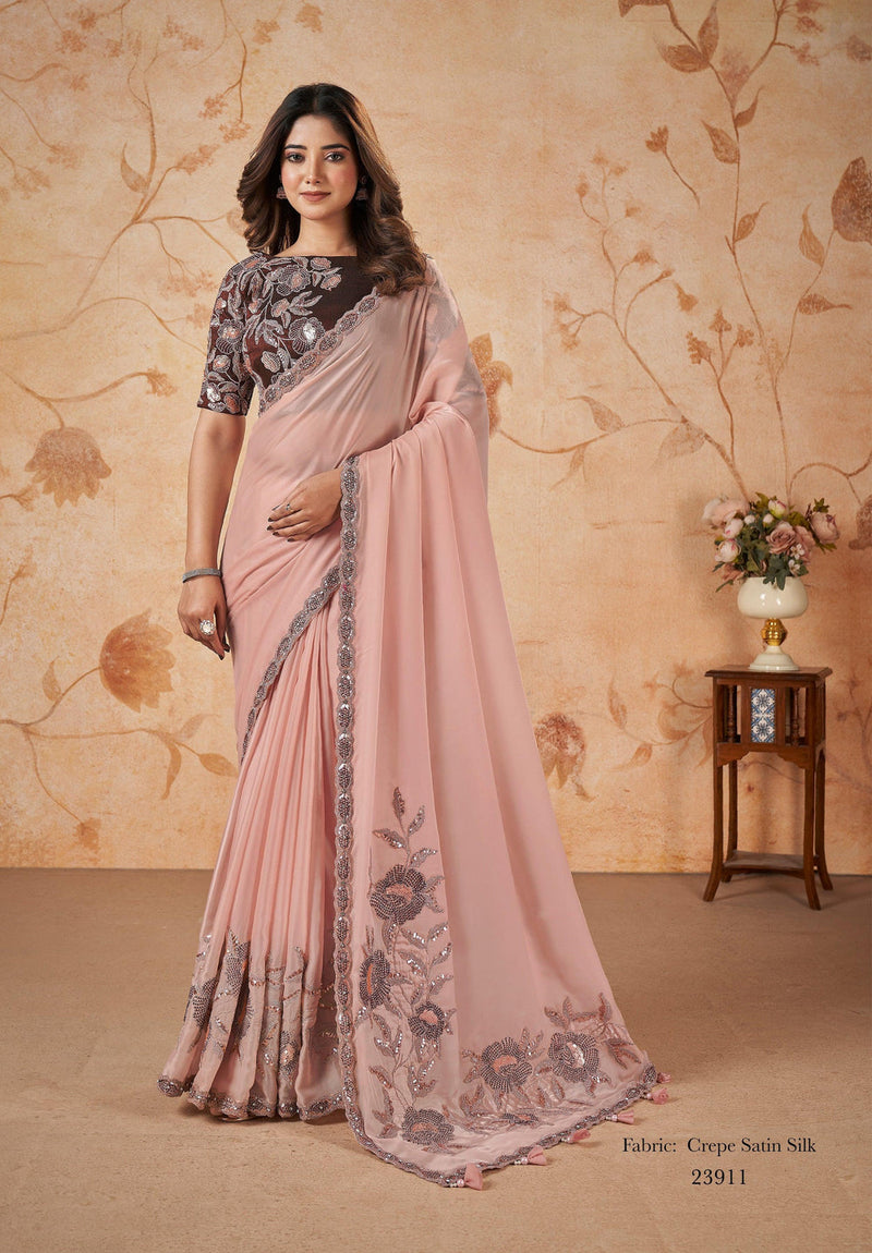 Women's Designer Party Wear Malai Crepe Satin Silk Saree