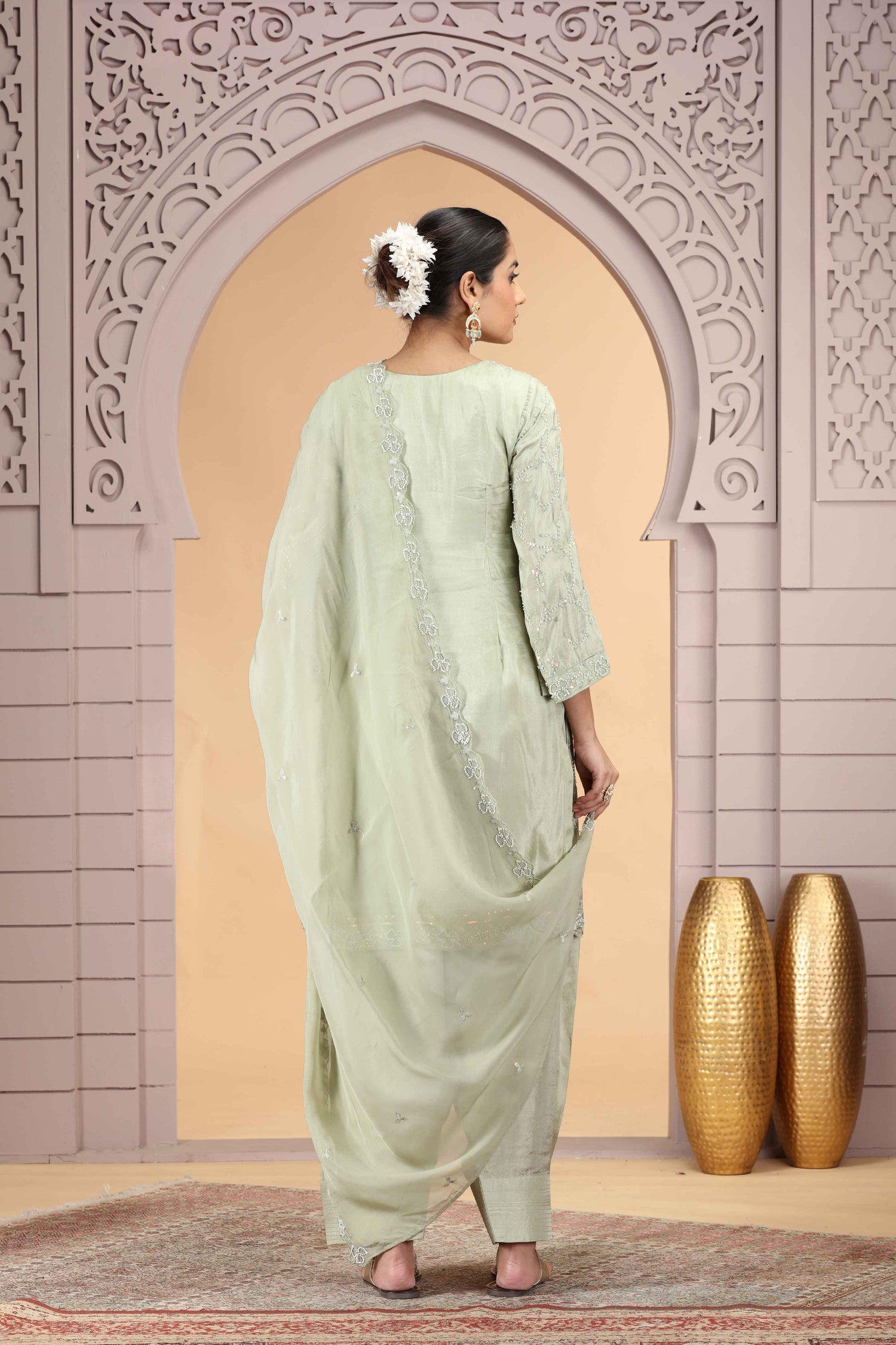 Pastel Green Satin Silk Straight Suit with Farsi Pant &amp; Dupatta Straight Suit Anant Tex Exports Pvt.Ltd..