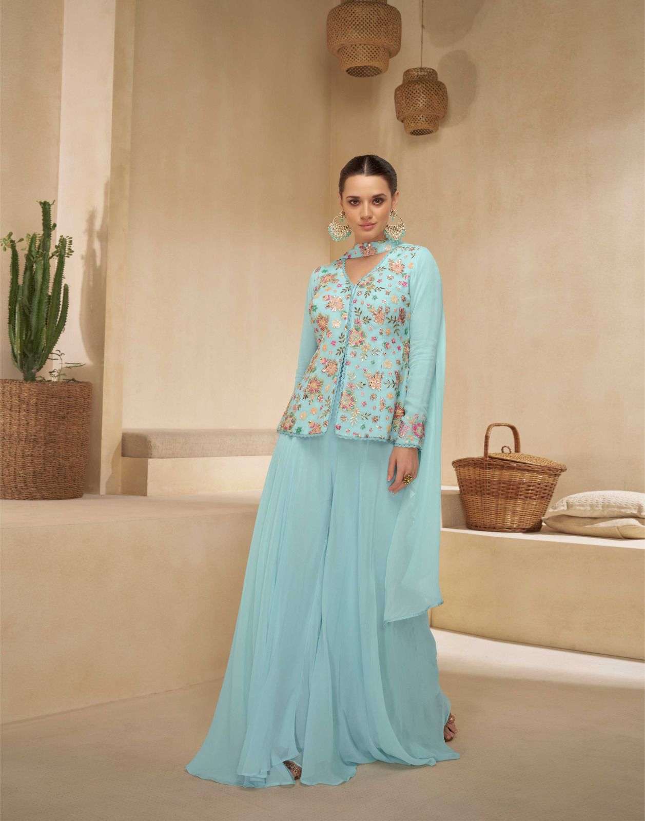 Aqua Blue Embroidered Georgette Jacket Palazzo Set