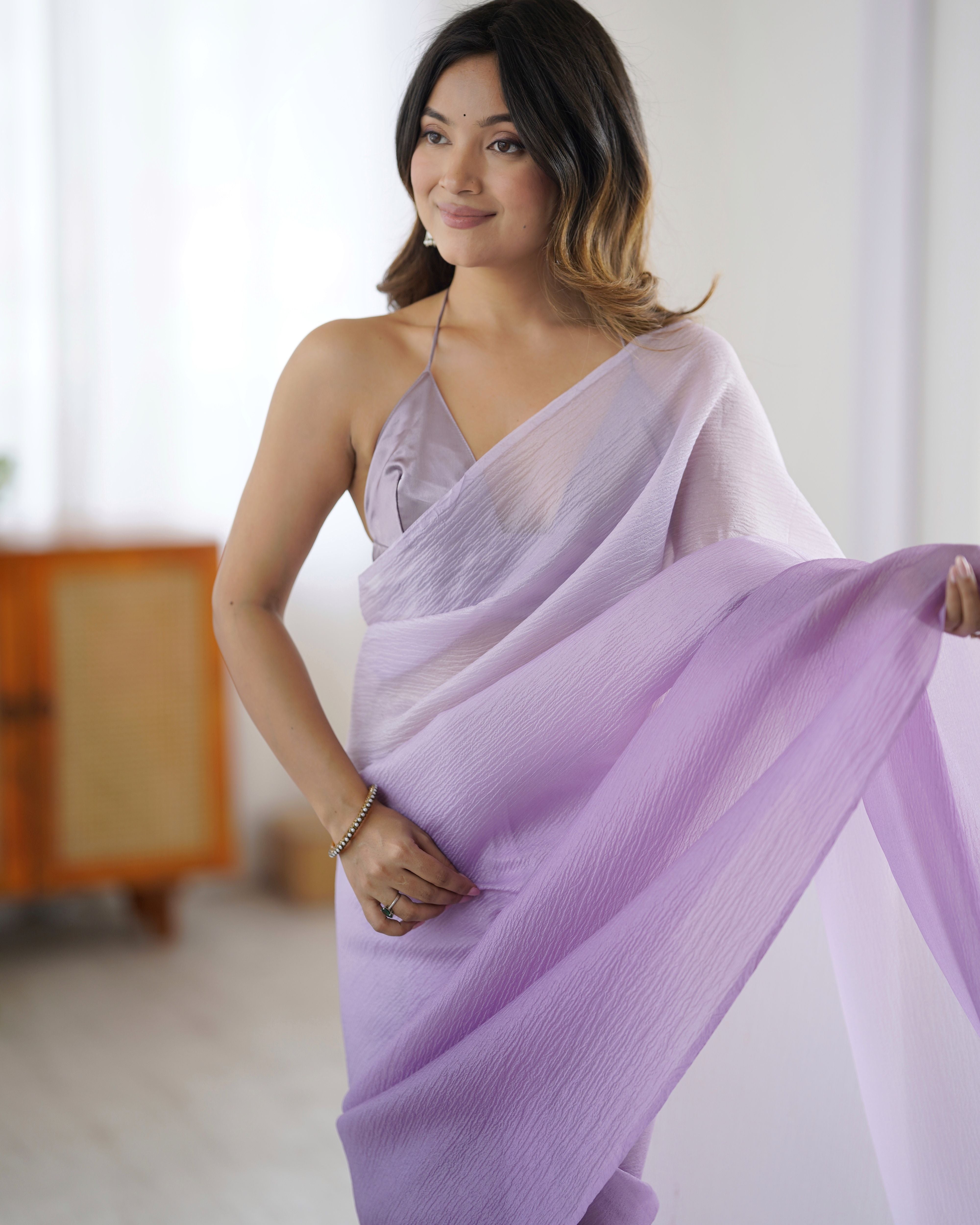 Lavender shaded Pure Soft Candy Crush Silk Ready to Wear Saree ##color## Ready to Wear Saree with premium fabric and embroidery