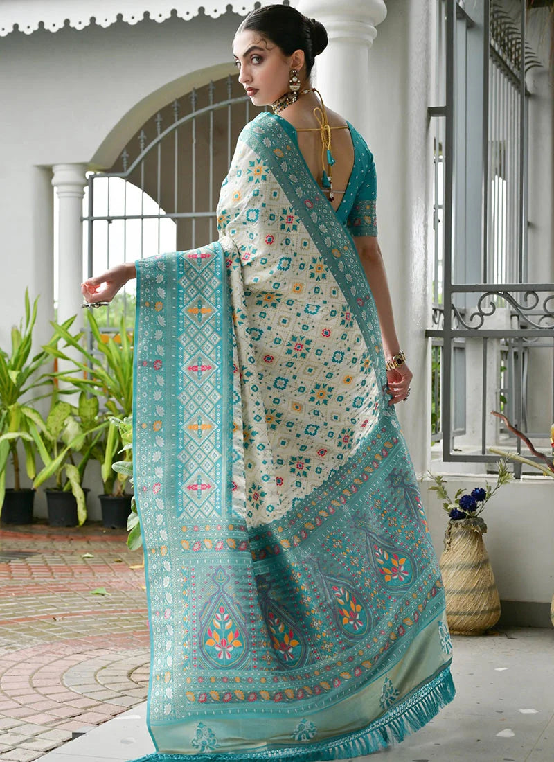 Sea Green Pure Soft Banarasi Silk Patola Zari Woven Saree 