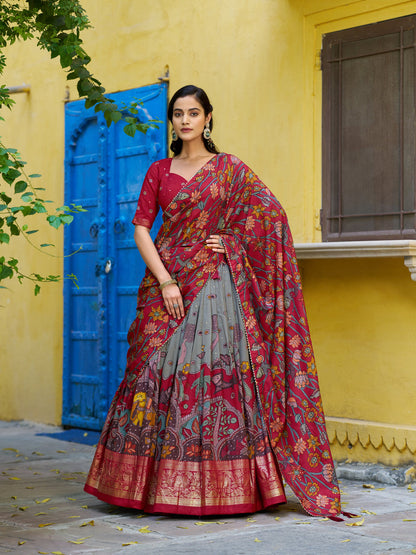 Sea Green Pure Tasar Silk Kalamkari Print With Foil Work Lehenga Choli