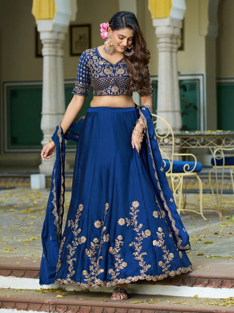 Navy Blue Pure Rangoli Silk Sequins &amp; Thread Embroidery Work Lehenga Choli