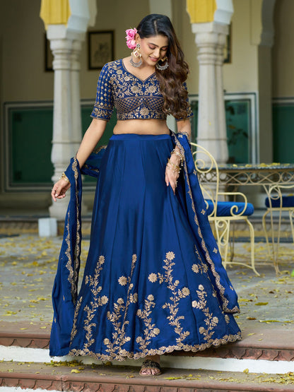 Navy Blue Pure Rangoli Silk Sequins &amp; Thread Embroidery Work Lehenga Choli