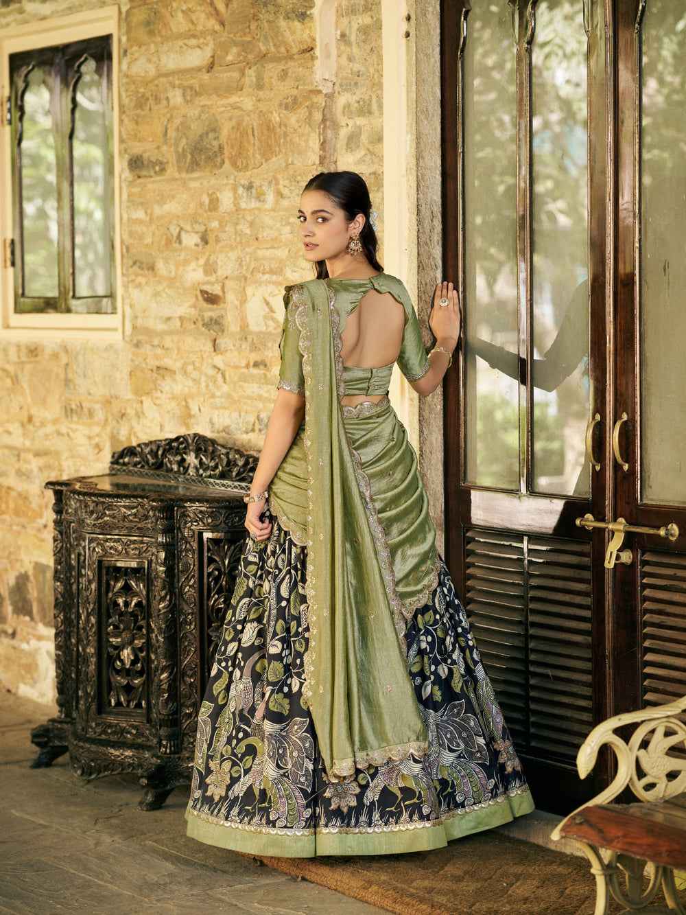 Black Pure Soft Tussar Silk Kalamkari Print Lehenga Choli