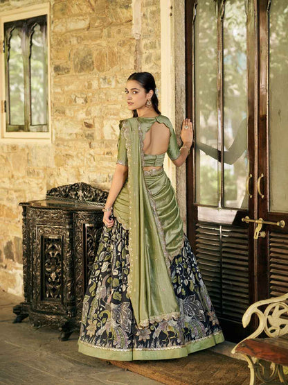 Black Pure Soft Tussar Silk Kalamkari Print Lehenga Choli