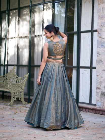Teal Pure Fendi Silk Sequins &amp; Thread Embroidery Work Lehenga Choli