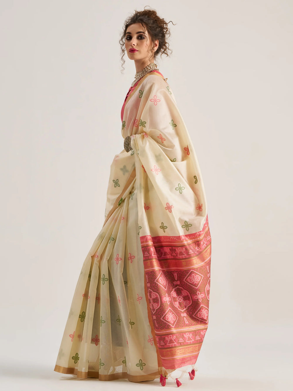 Off White Pure Soft Art Silk Handloom Bandhej Print Saree