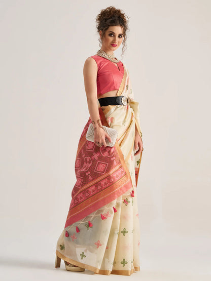 Off White Pure Soft Art Silk Handloom Bandhej Print Saree 