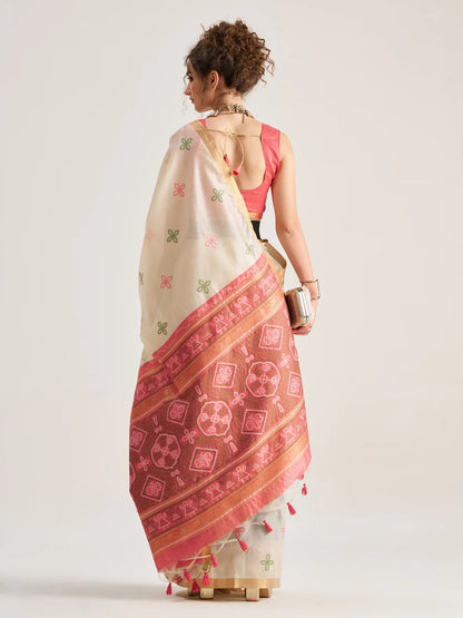 Off White Pure Soft Art Silk Handloom Bandhej Print Saree 
