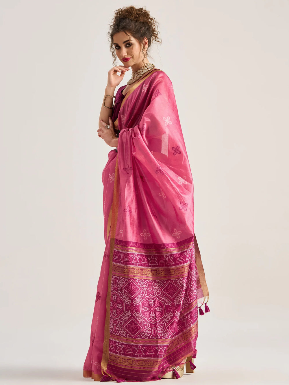 Pink Pure Soft Art Silk Handloom Bandhej Print Saree 