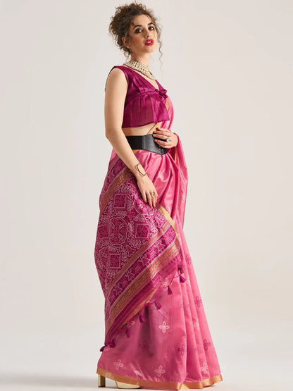 Pink Pure Soft Art Silk Handloom Bandhej Print Saree 