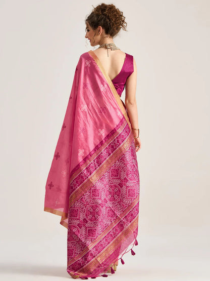 Pink Pure Soft Art Silk Handloom Bandhej Print Saree 