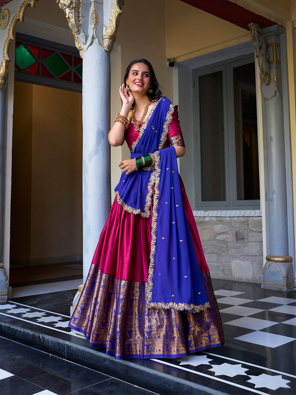 Pink Pure Narayan Pattu with Zari Weaving &amp; Embroidery Paithani Lehenga Choli