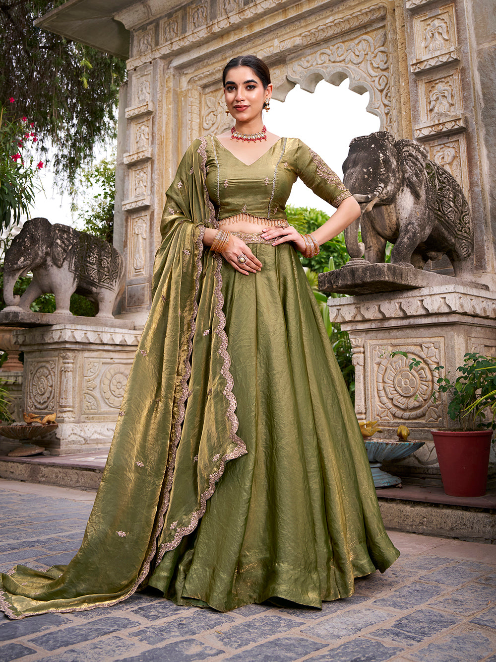 Mehandi Pure Fendi Silk Sequins &amp; Thread Embroidery Work Lehenga Choli