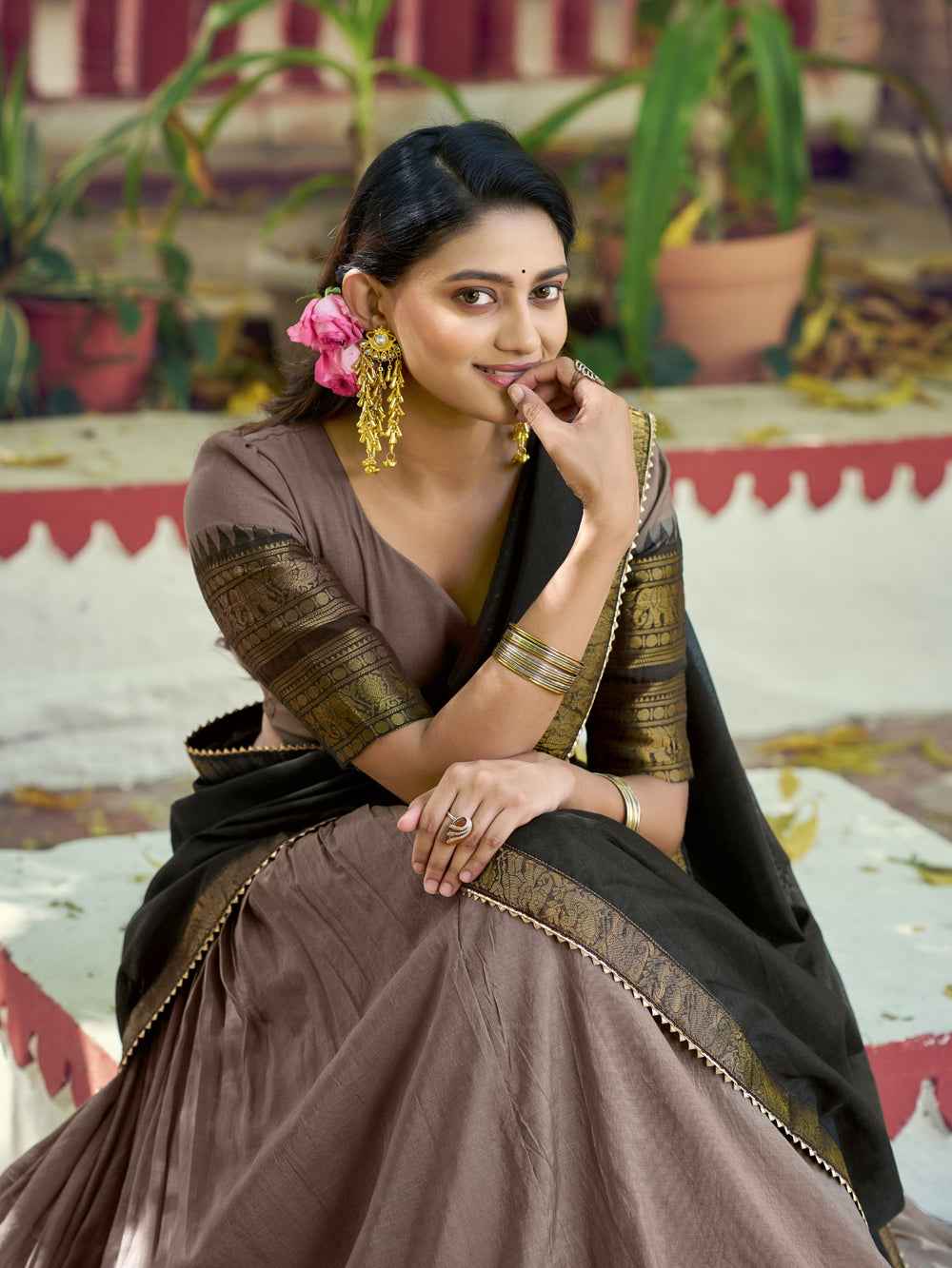 Brown Pure Poly Poly Cotton with Zari Woven Half Saree Lehenga