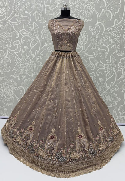 Light Brown Pure Chandnia Silk Handwork Motif Peacock Pattern Crystal Beads Multi Thread Dori &amp; Sequins Work Bridal Lehenga Choli
