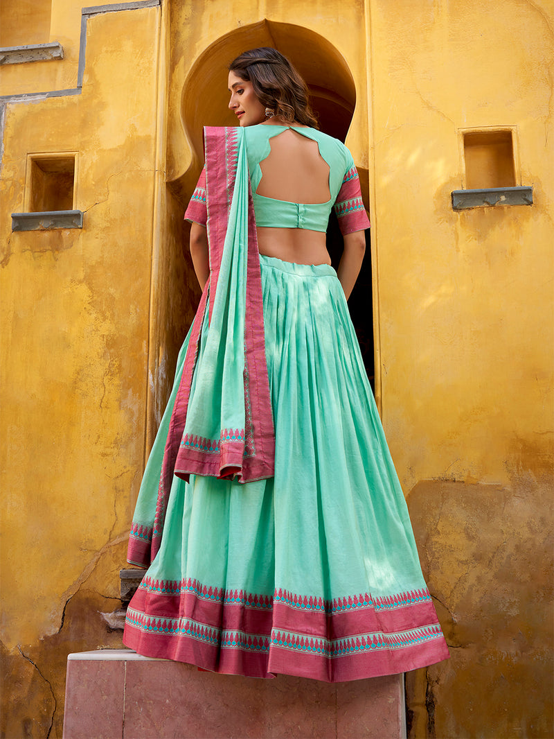 Sky Blue Color Thread Work With Chanderi Lehenga Choli 