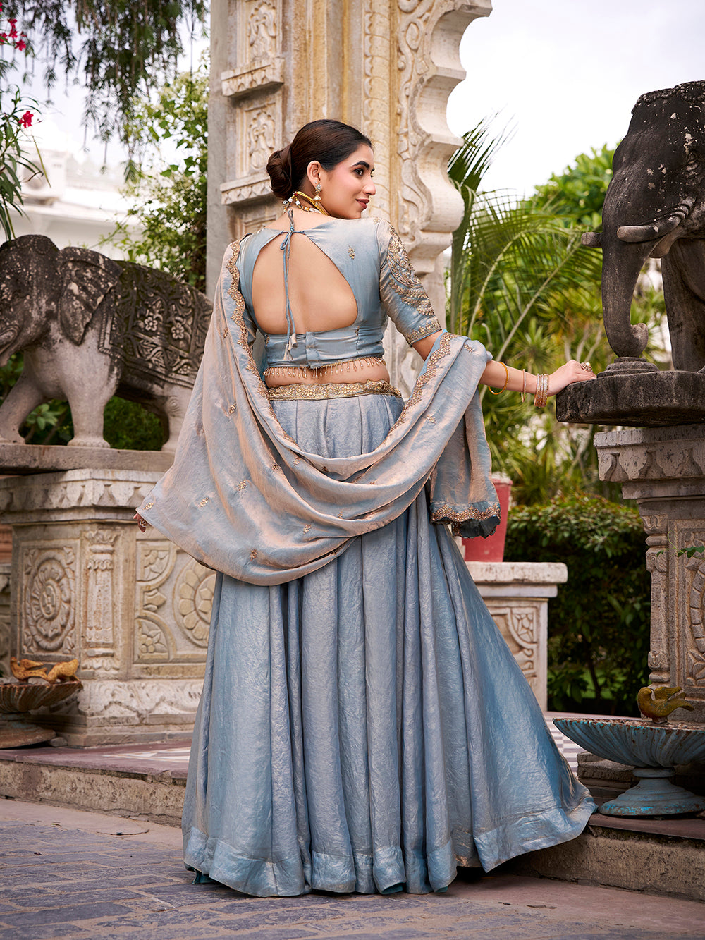 Sky Pure Fendi Silk Sequins &amp; Thread Embroidery Work Lehenga Choli