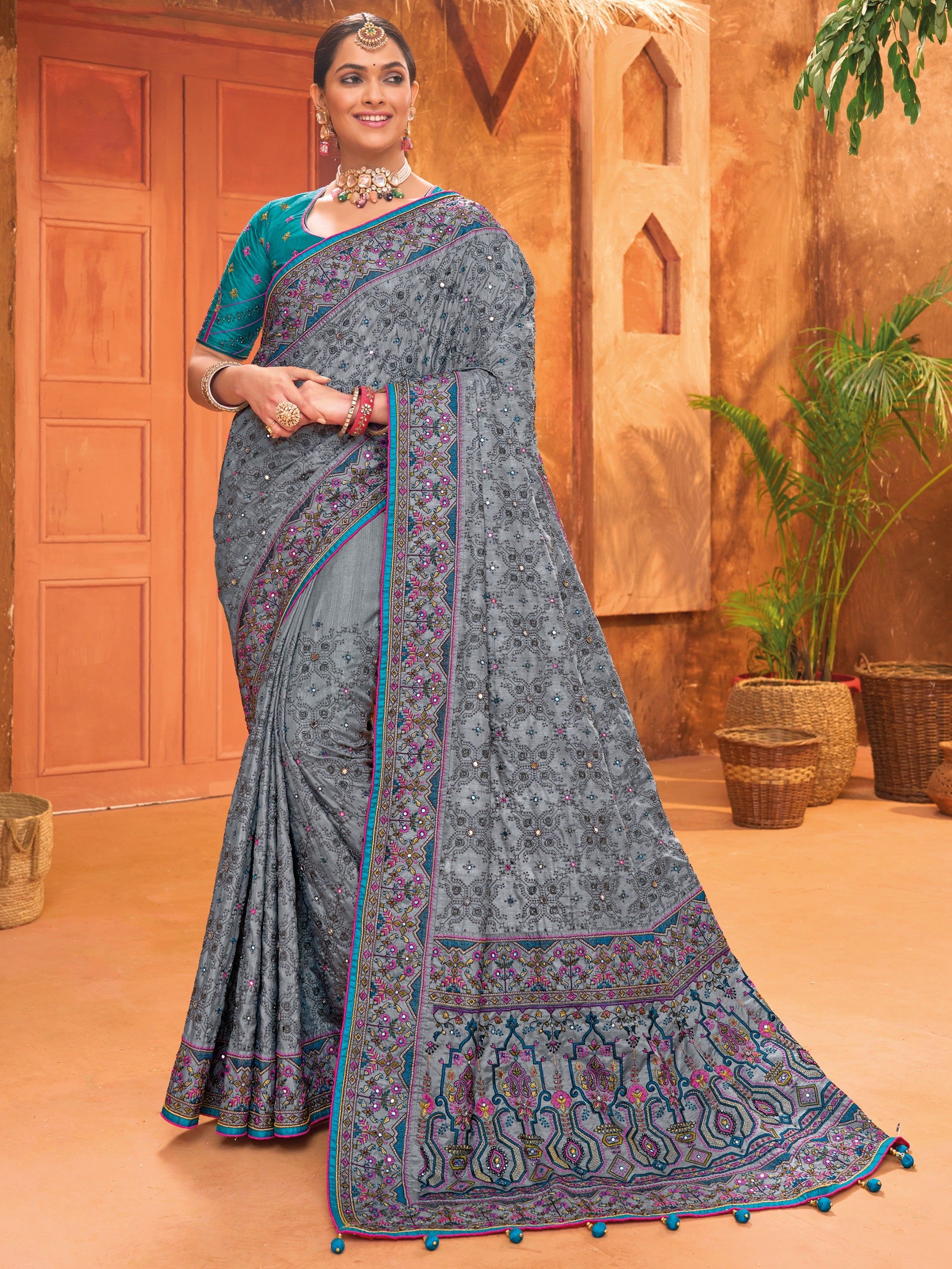 Bridal Wedding Grey Kacchi Work Banarasi Silk Saree