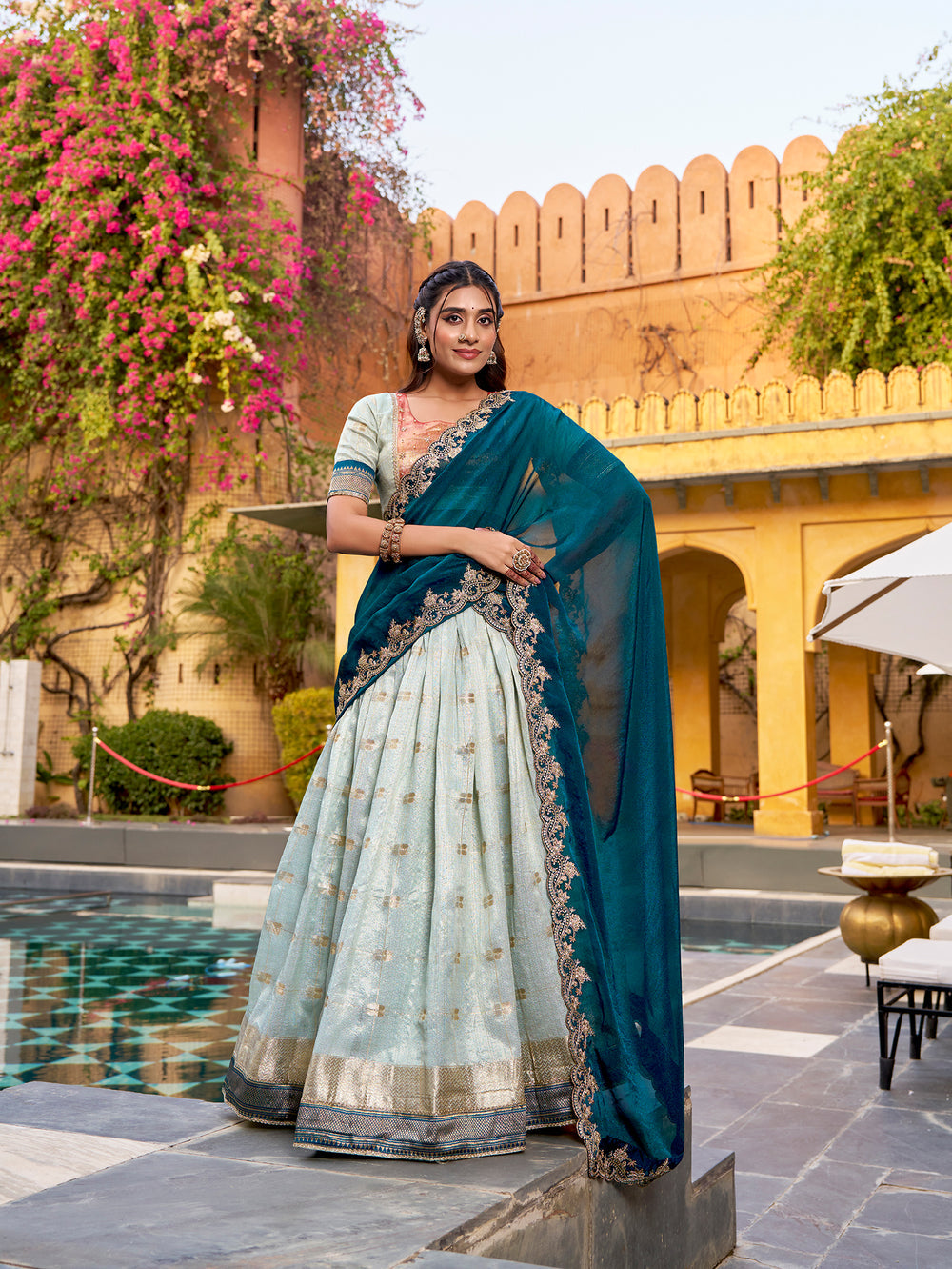 Sky Blue Pure Soft Slub Kota Zari Weaving Paithani Work Paithani Lehenga Choli