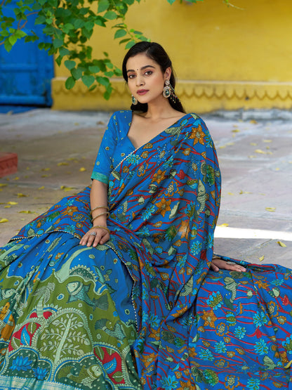 Light Sky Pure Tasar Silk Kalamkari Print With Foil Work Lehenga Choli