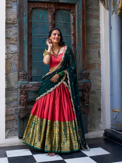 Red Pure Narayan Pattu with Zari Weaving &amp; Embroidery Paithani Lehenga Choli