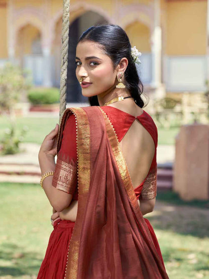 Red Pure Poly Poly Cotton with Zari Woven Half Saree Lehenga