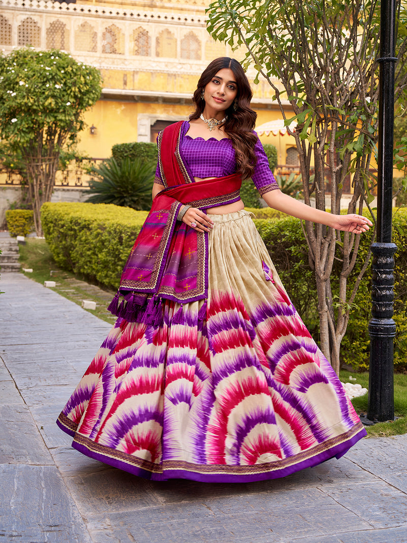 Purple Color Tie And Dye Printed Tasar Silk Lehenga Choli ##color## Sequins Lehenga with premium fabric and embroidery