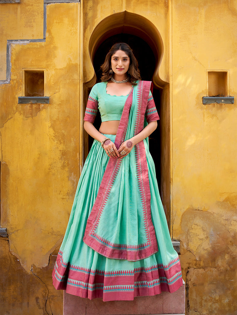 Sky Blue Color Thread Work With Chanderi Lehenga Choli 