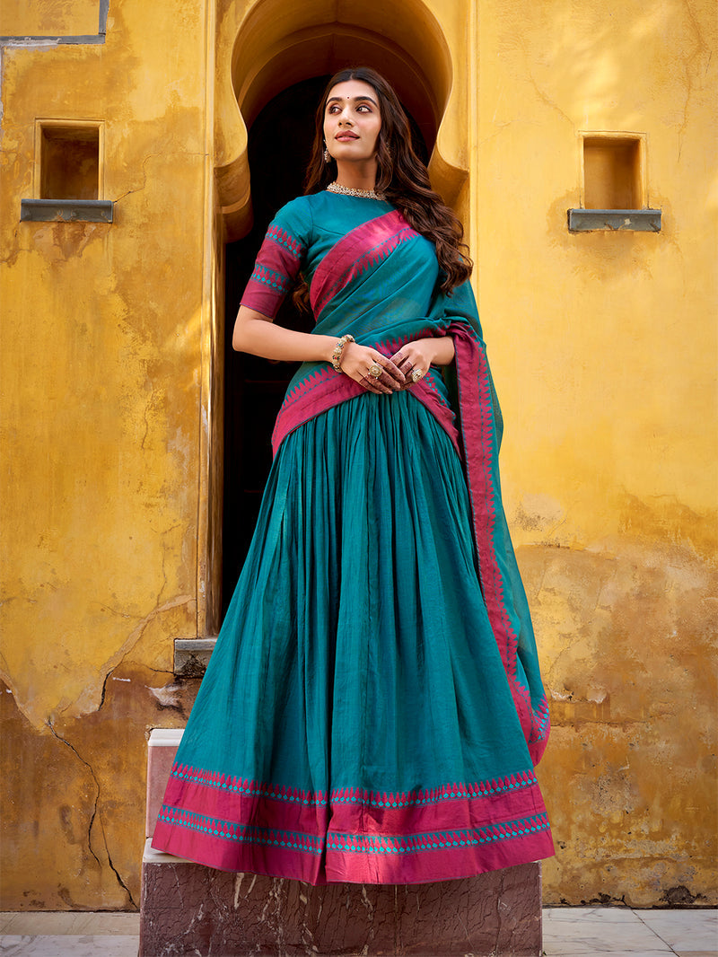 Teal Color Thread Work With Chanderi Lehenga Choli 