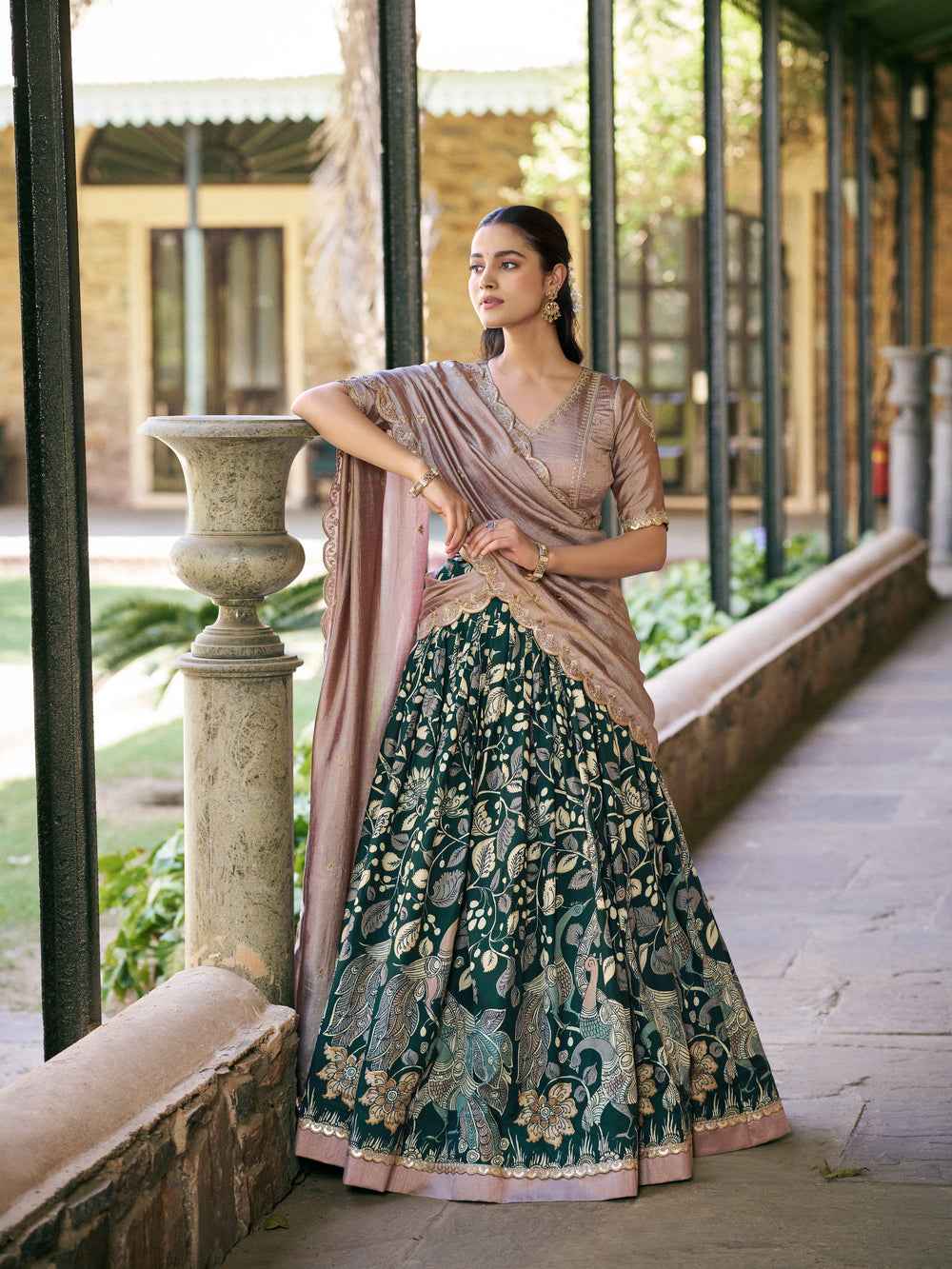 Forest Green Pure Soft Tussar Silk Kalamkari Print Lehenga Choli