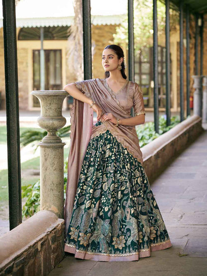 Forest Green Pure Soft Tussar Silk Kalamkari Print Lehenga Choli