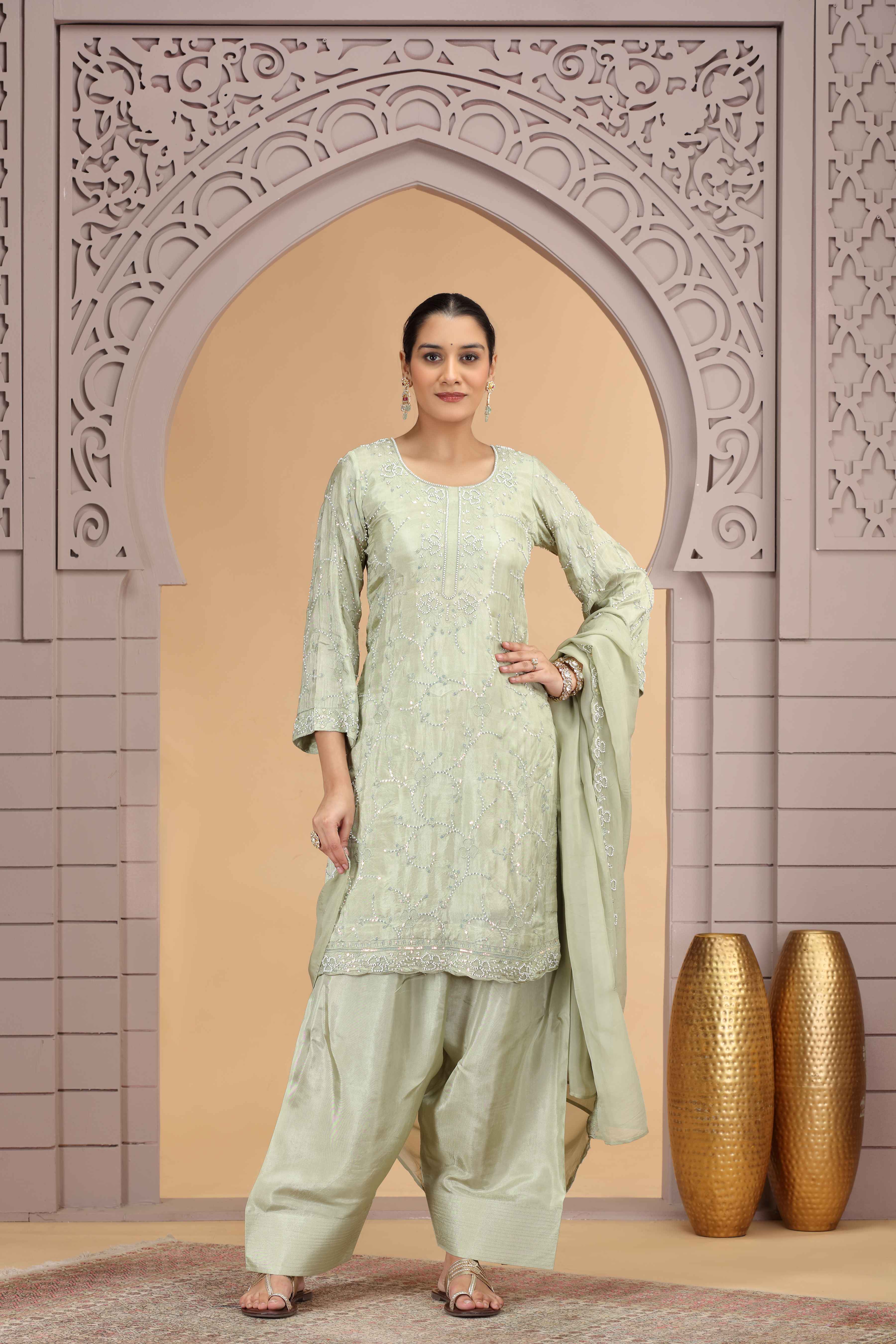 Pastel Green Satin Silk Straight Suit with Farsi Pant & Dupatta